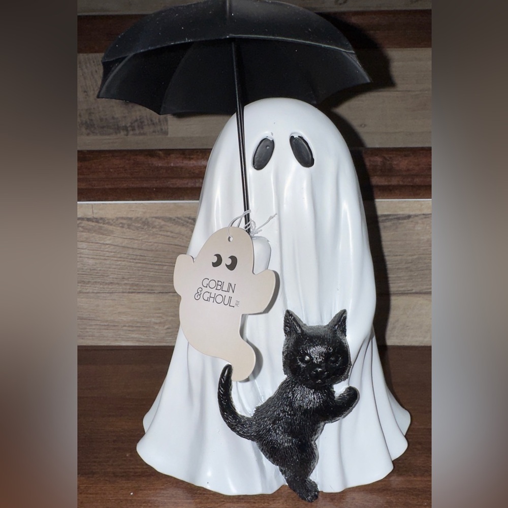 Cute 🥰 Ghost 👻 with Black Cat 🐈‍⬛ & Umbrella ☂️ Gloomy Rainy Day Halloween  11”